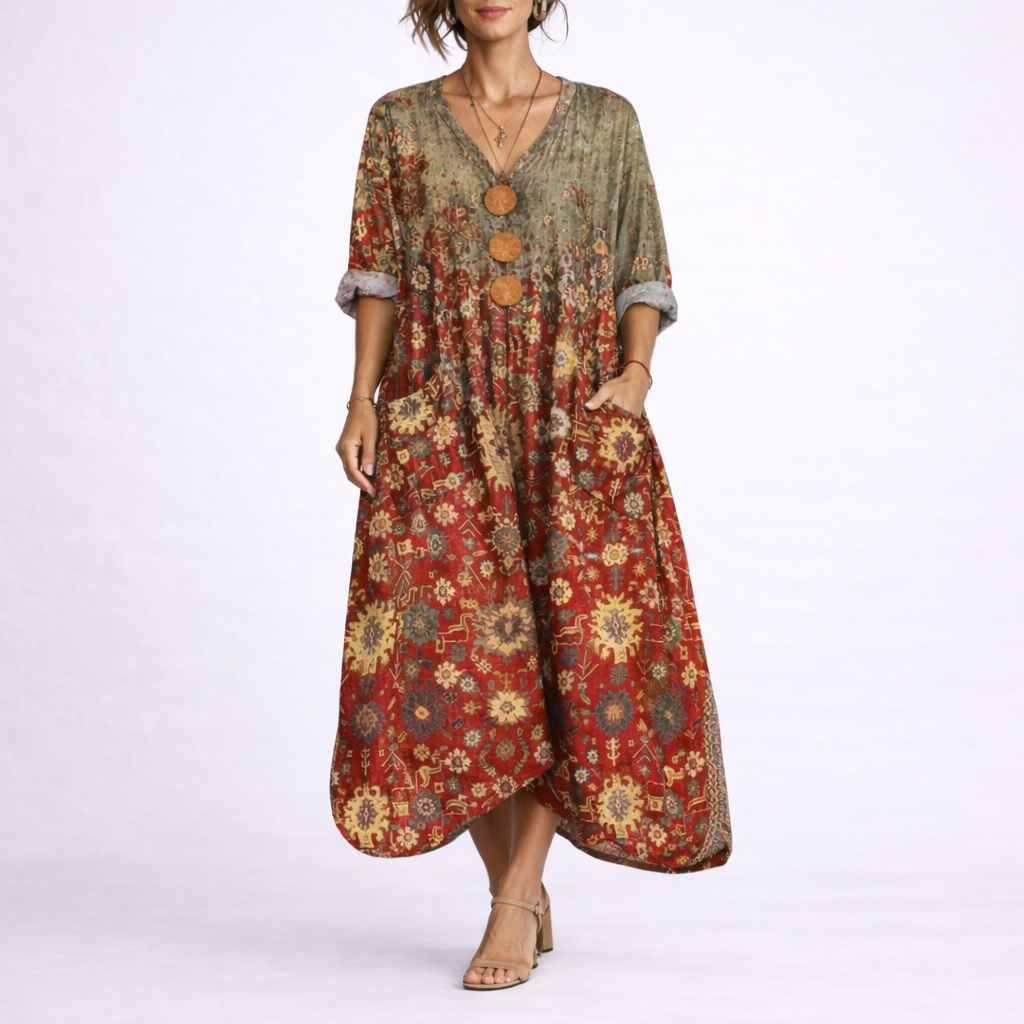 Robe Longue Bohème Femme robe caftan fluide en tissu léger et fluide, détail tissu