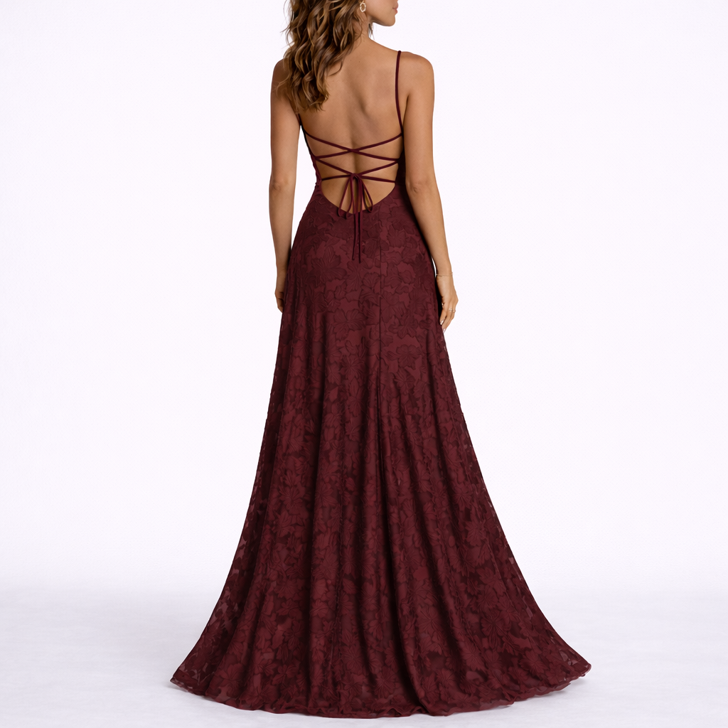 Robe Dos Nu Longue Fleurie Femme robe longue texturée en tissu léger et fluide, vue de dos