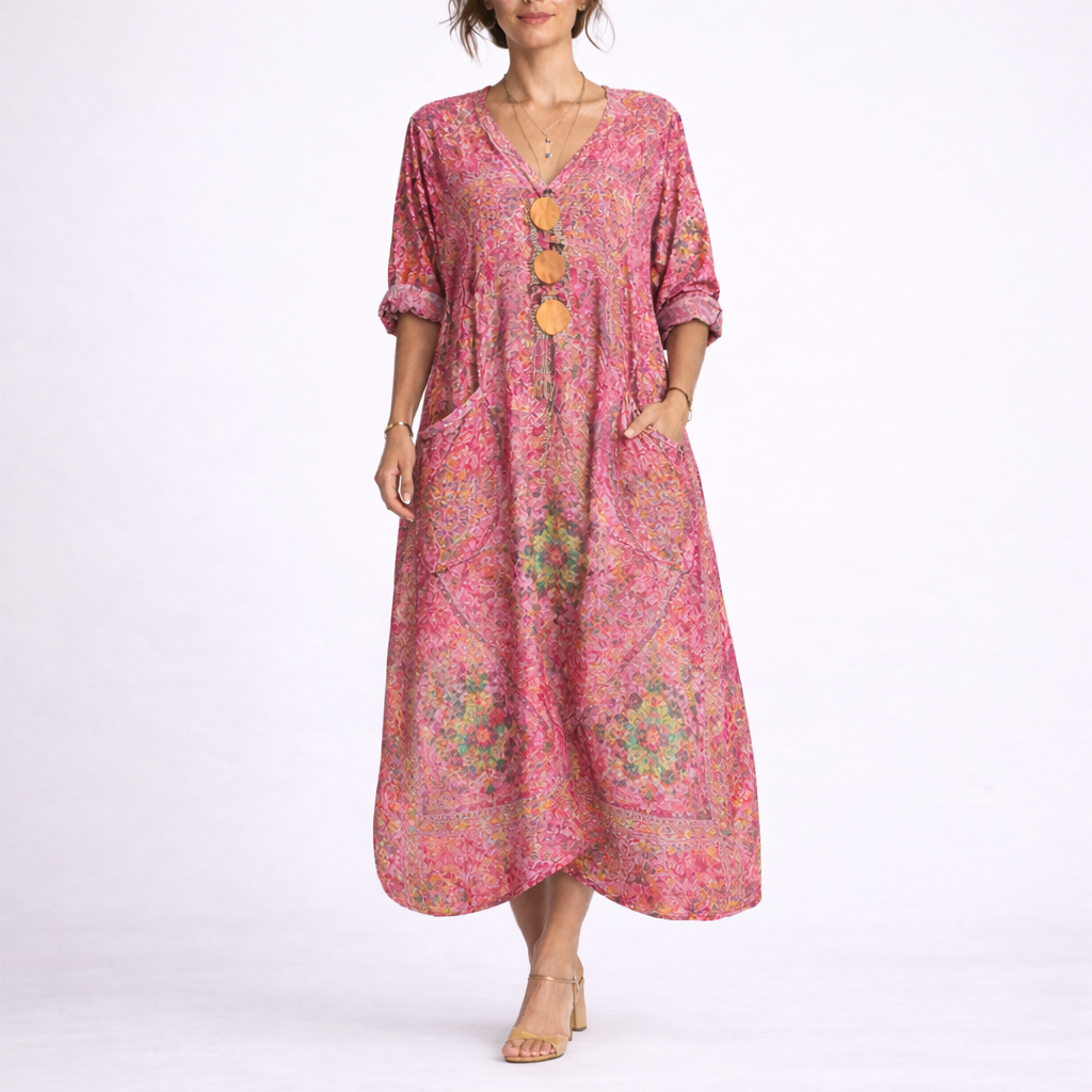Robe Longue Bohème Femme robe caftan fluide en tissu léger et fluide, vue de face