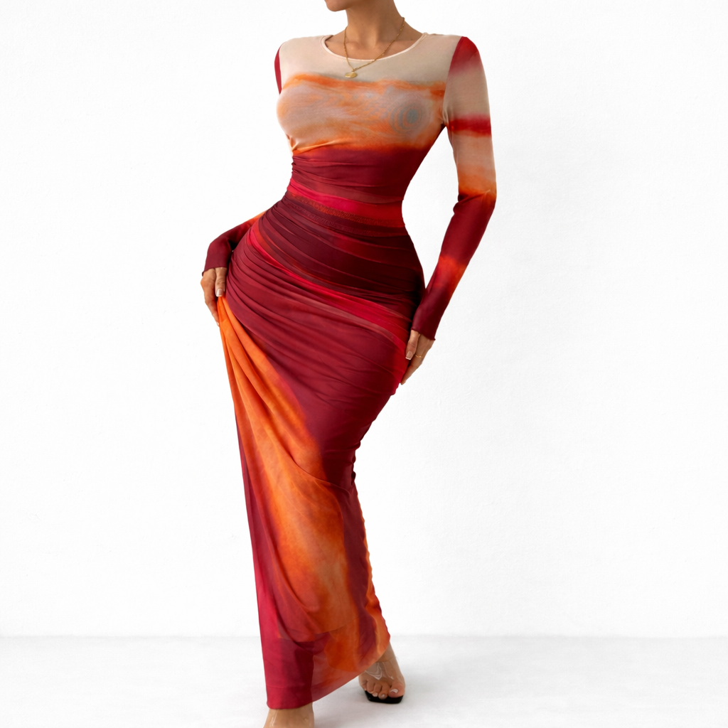Robe Longue Fluide Femme robe longue dégradé coucher de soleil en tissu léger et fluide, vue de profil