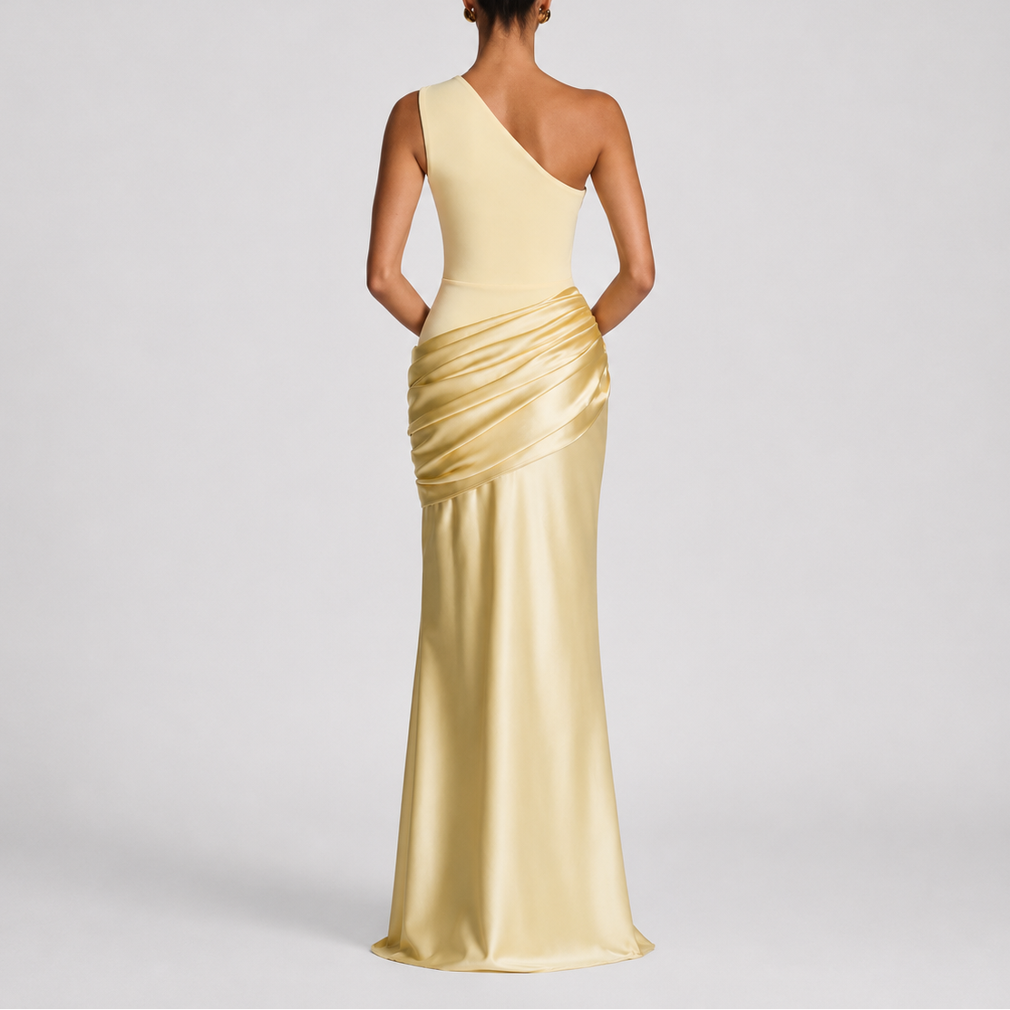 Robe Asymétrique Longue Femme robe une épaule élégante en satin, vue de dos