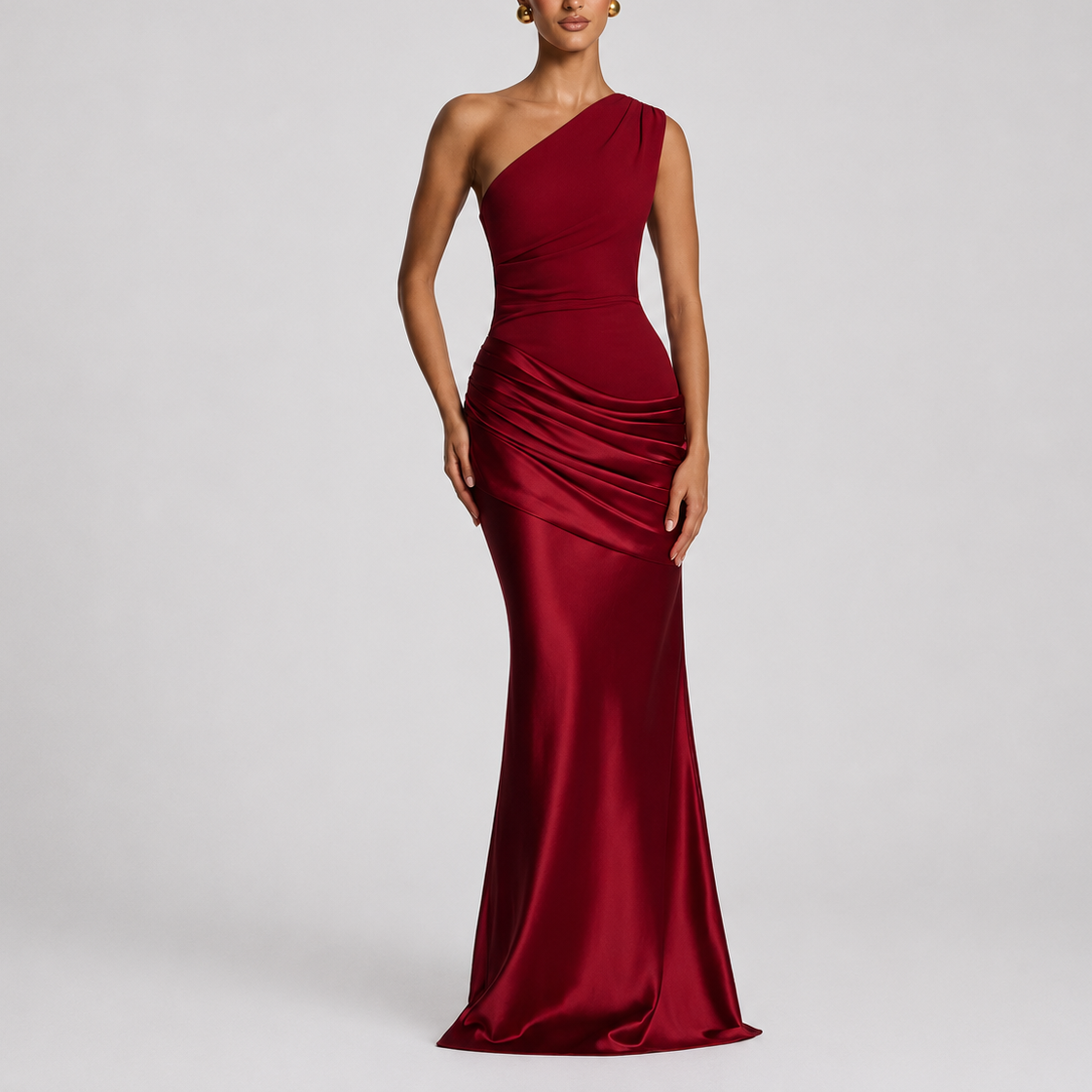 Robe Asymétrique Longue Femme robe une épaule élégante en satin, vue de profil