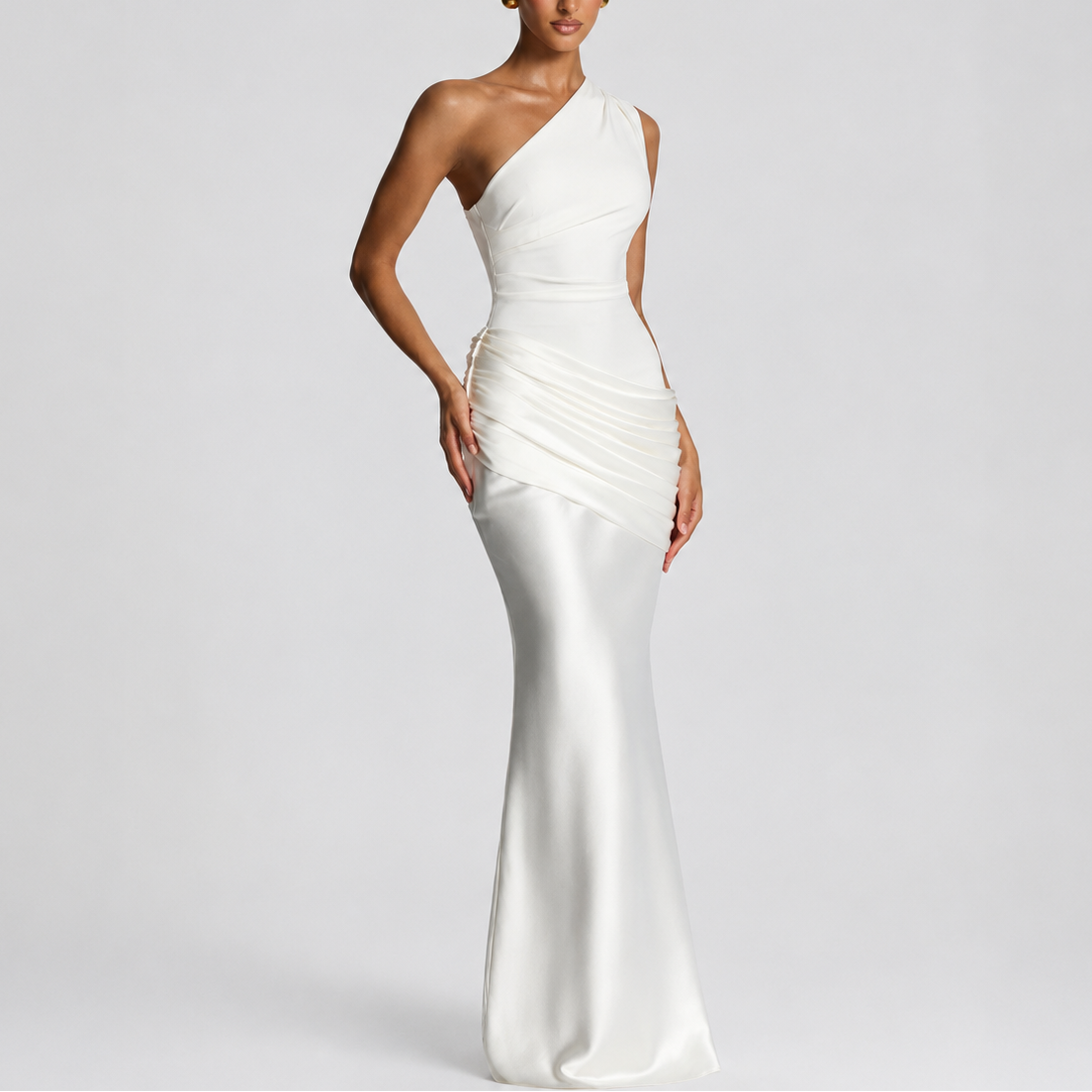 Robe Asymétrique Longue Femme robe une épaule élégante en satin, vue complète