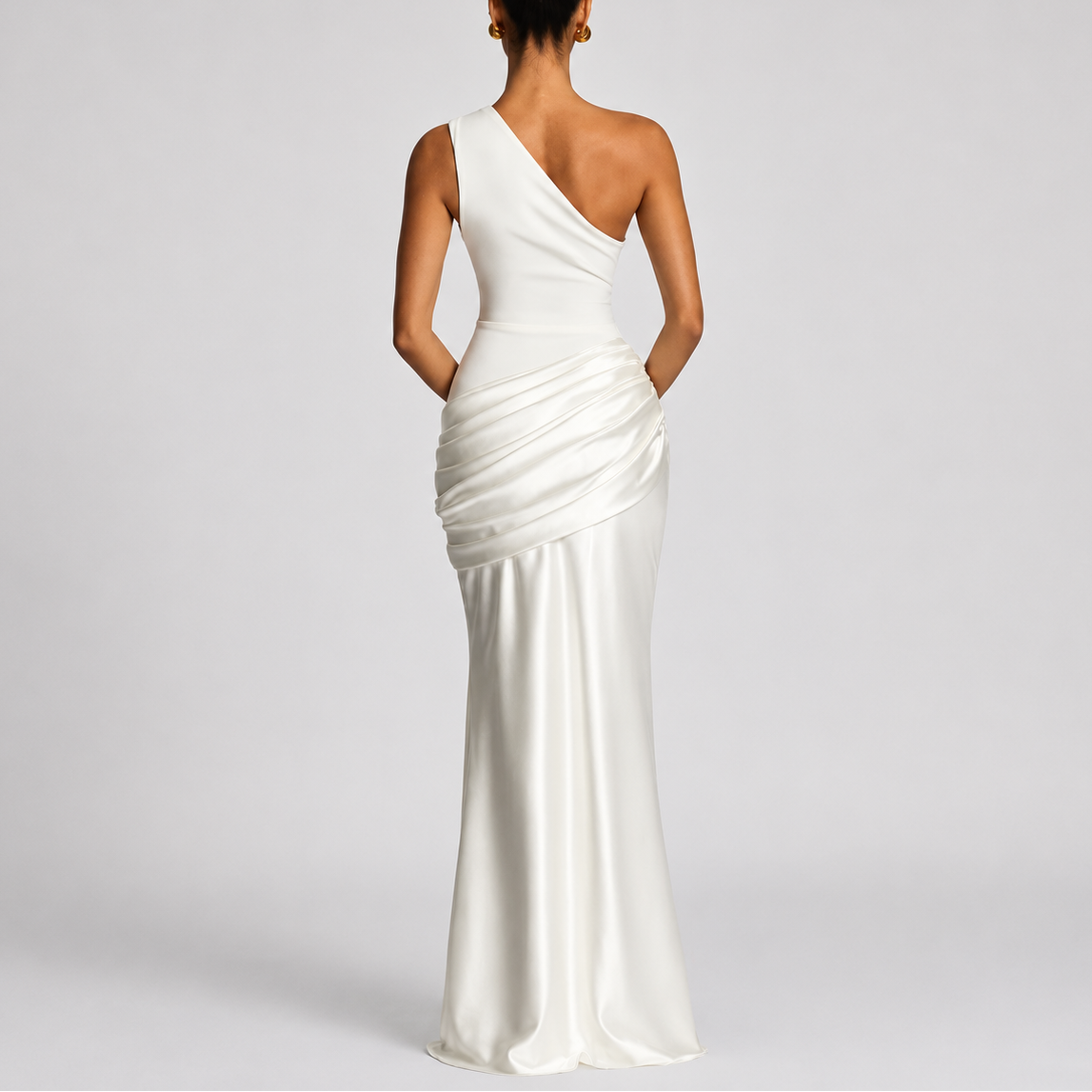 Robe Asymétrique Longue Femme robe une épaule élégante en satin, détail imprimé