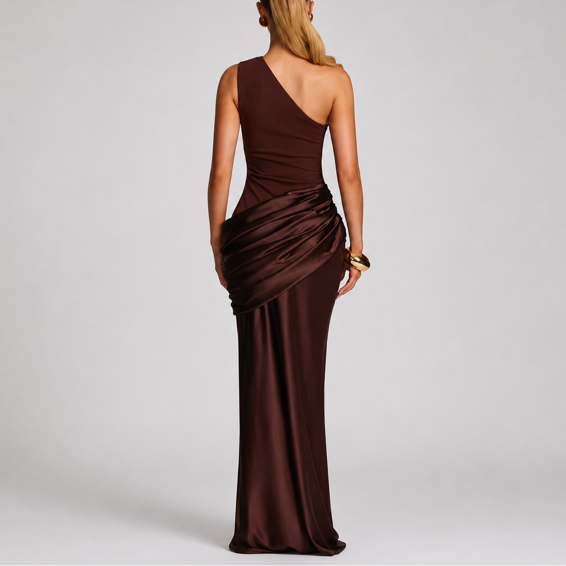 Robe Asymétrique Longue Femme robe une épaule élégante en satin, vue de dos