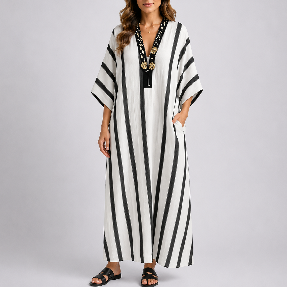 Robe Caftan Longue Rayée Femme robe longue bohème méditerranéenne en tissu léger et fluide, vue de dos