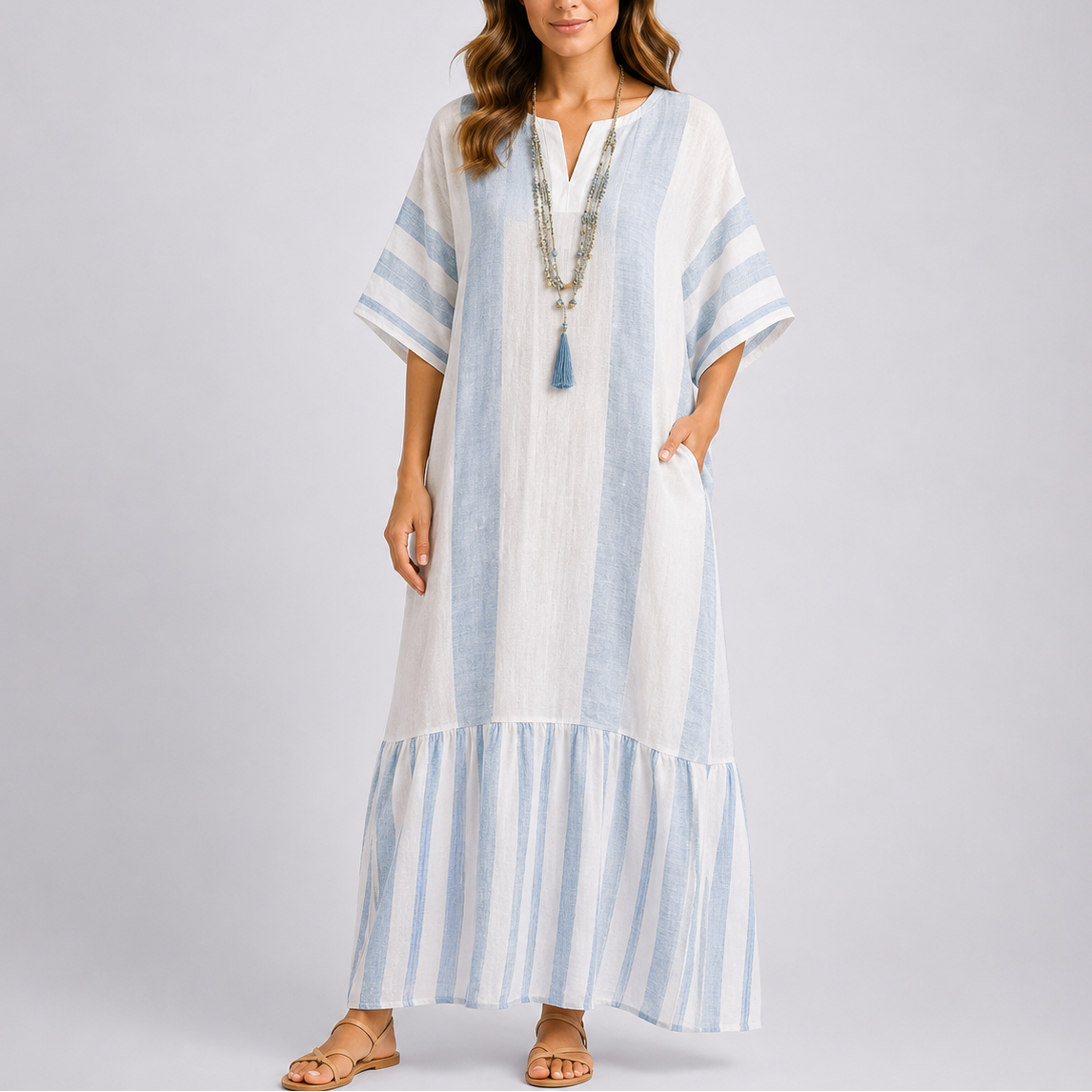 Abito caftano lungo a righe da donna - Abito lungo bohémien mediterraneo