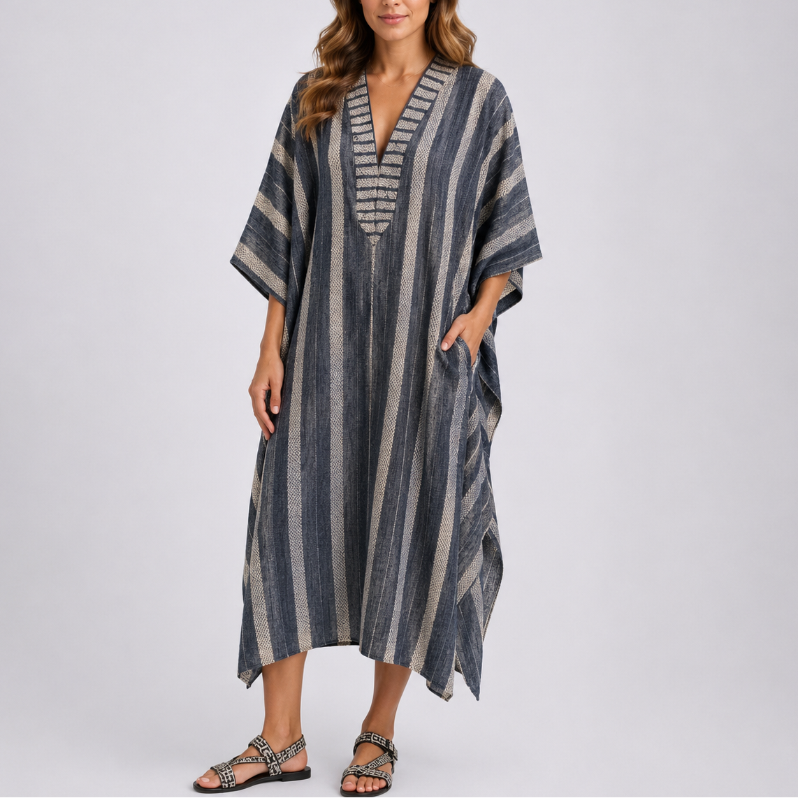 Robe Caftan Longue Rayée Femme robe longue bohème méditerranéenne en tissu léger et fluide, portée