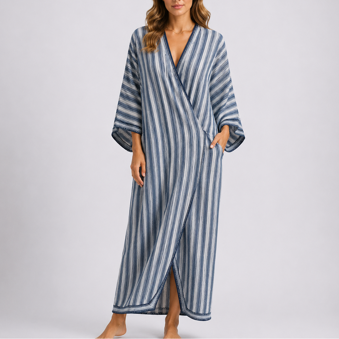 Robe Caftan Longue Rayée Femme robe longue bohème méditerranéenne en tissu léger et fluide, détail tissu