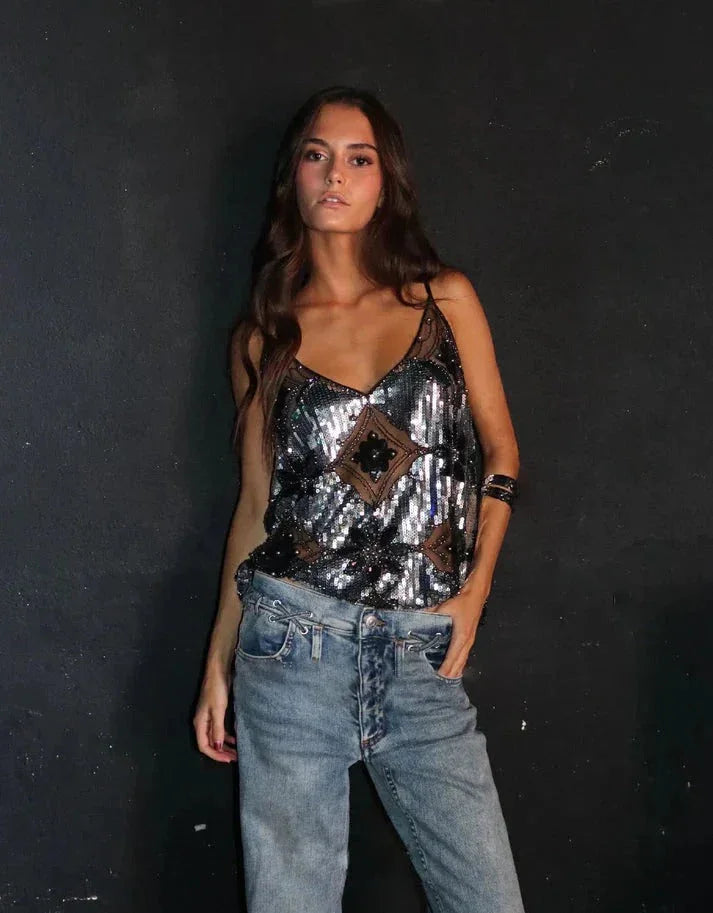 Louise - Top femme sans manches à manches à paillettes