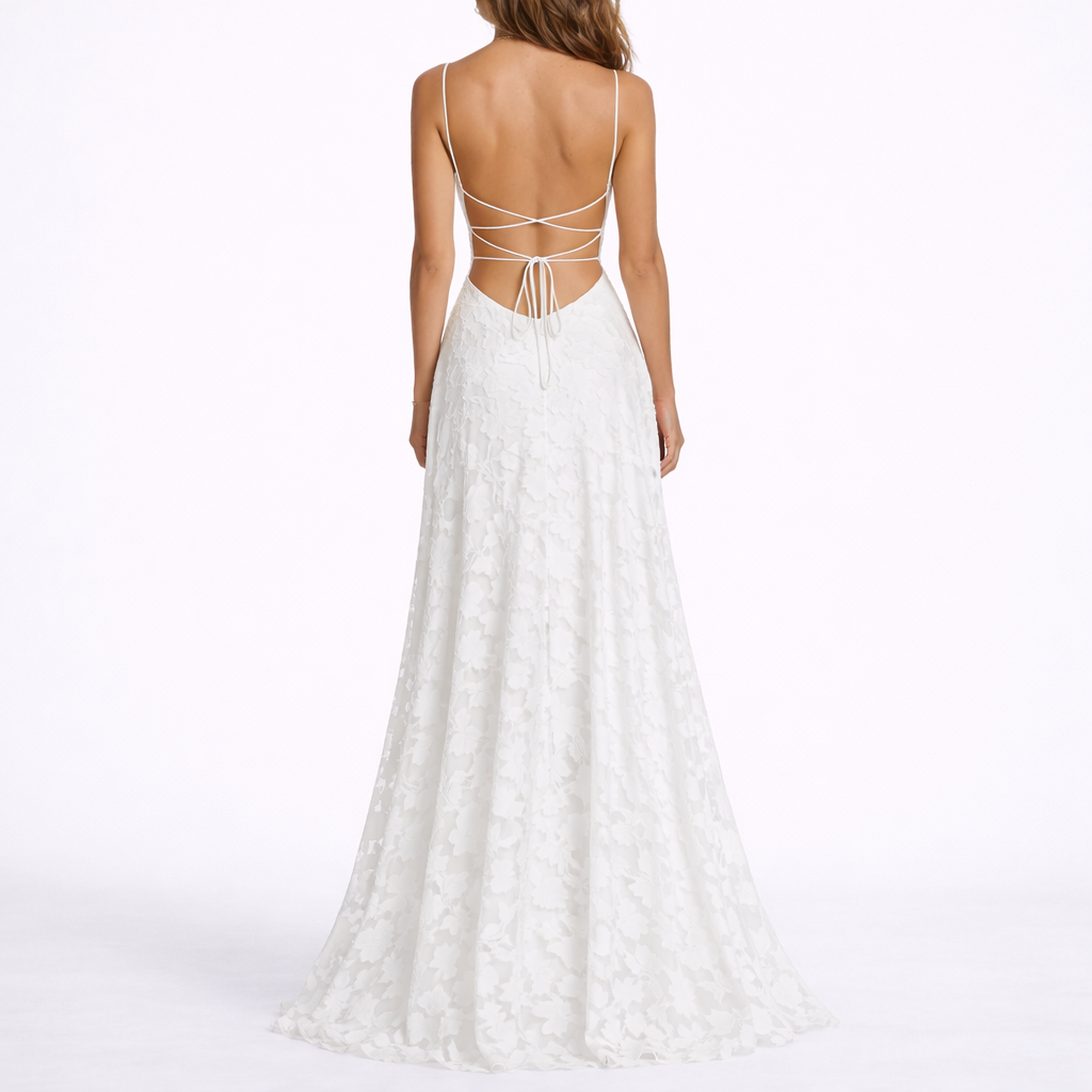Robe Dos Nu Longue Fleurie Femme robe longue texturée en tissu léger et fluide, détail imprimé
