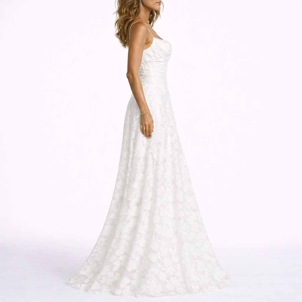 Robe Dos Nu Longue Fleurie Femme robe longue texturée en tissu léger et fluide, vue de face