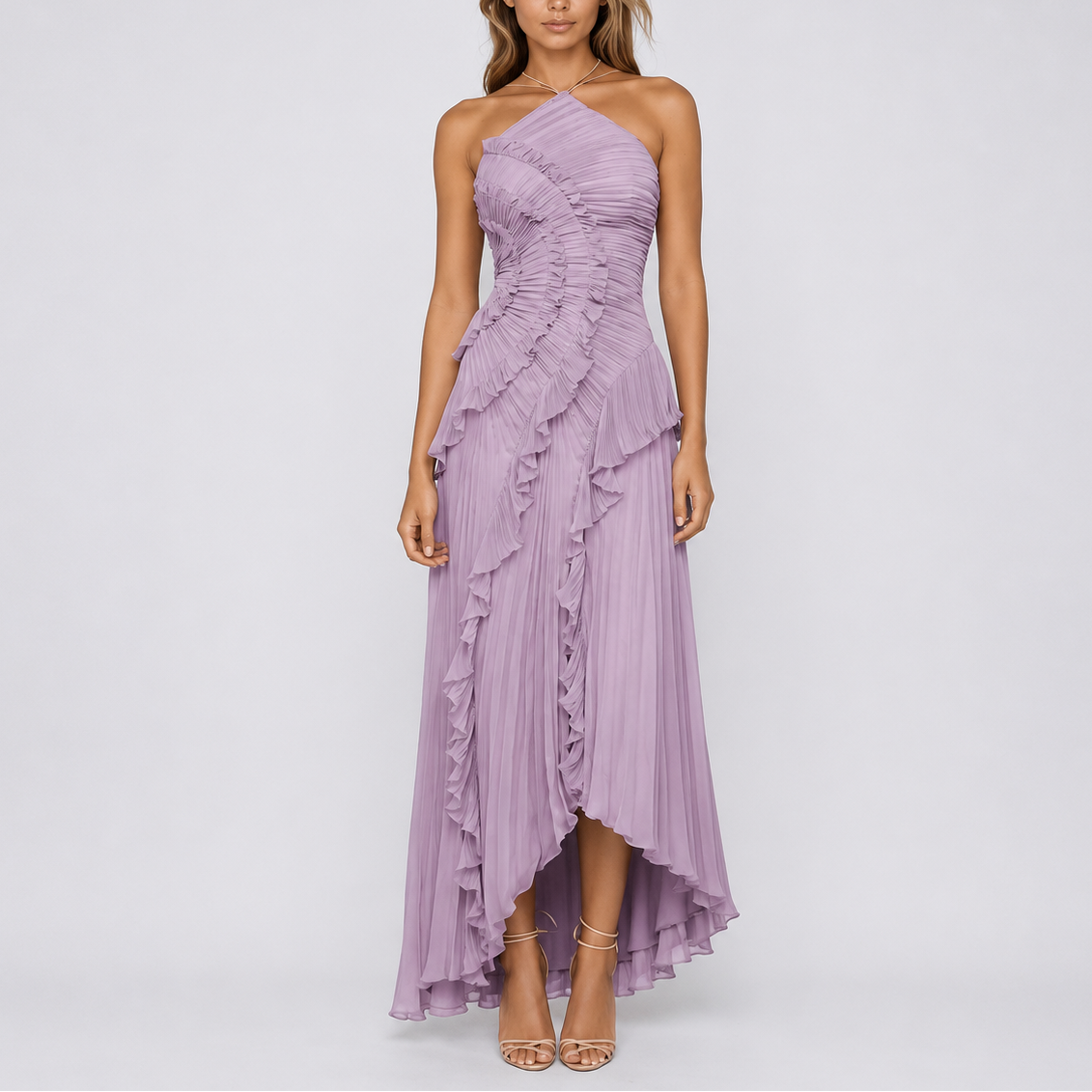 Robe Plissée Longue Col Halter Femme - Robe Longue pour Mariage à Volants