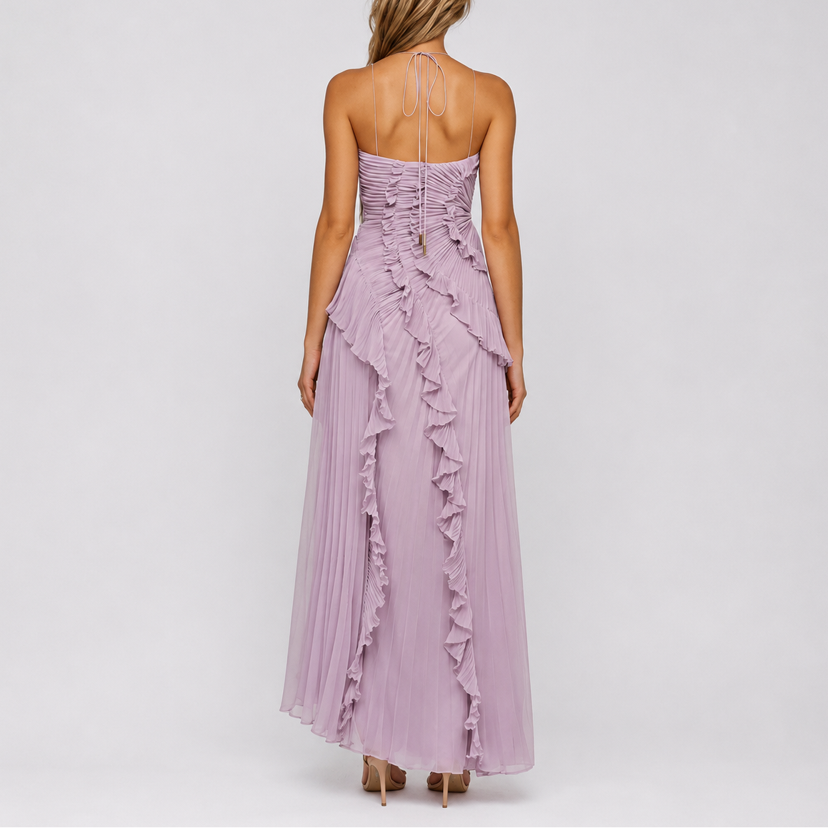 Robe Plissée Longue Col Halter Femme robe longue pour mariage à volants en tissu léger et fluide, vue de dos