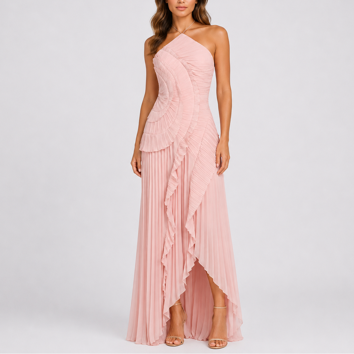 Robe Plissée Longue Col Halter Femme - Robe Longue pour Mariage à Volants