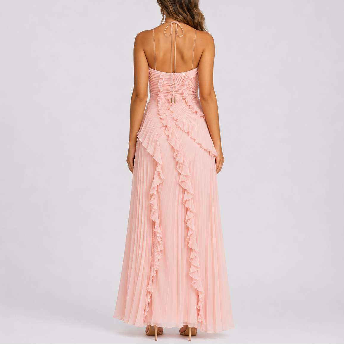 Robe Plissée Longue Col Halter Femme robe longue pour mariage à volants en tissu léger et fluide, détail tissu