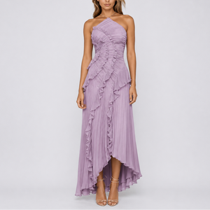 Robe Plissée Longue Col Halter Femme robe longue pour mariage à volants en tissu léger et fluide, vue de face