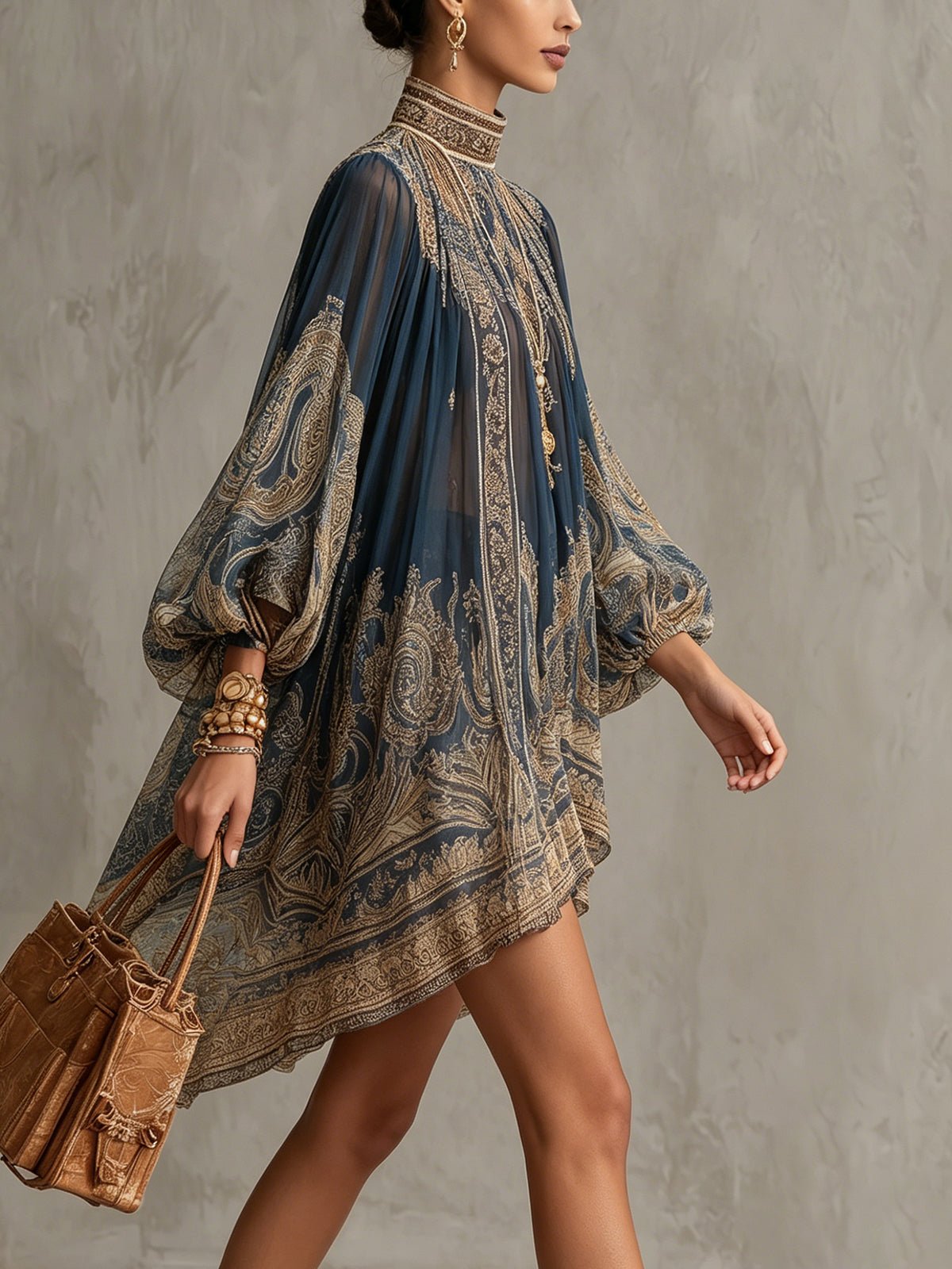Robe Courte Femme Imprimé Baroque Bleu Marine - vue 3