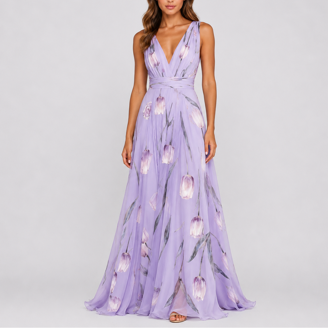 Robe de Soirée Longue Fleurie Femme robe longue élégante en tissu léger et fluide, vue de dos